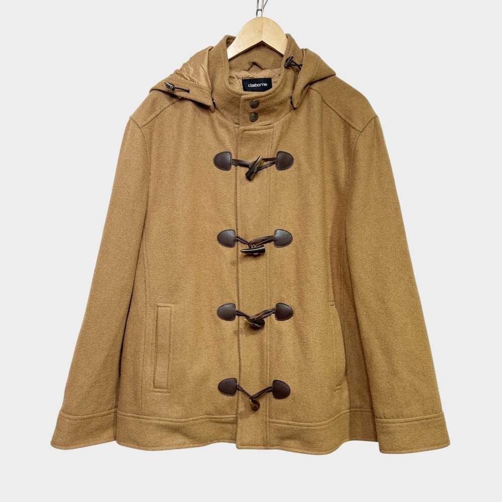 Claiborne Men XL Wool Duffle Peacoat Hooded Toggle Coat Camel Brown Cabincore
